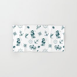 Teal Blue Silhouettes Of Vintage Nautical Pattern Hand & Bath Towel