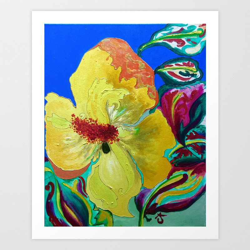 Birthday Acrylic Yellow Orange Hibiscus Flower Painting With Red