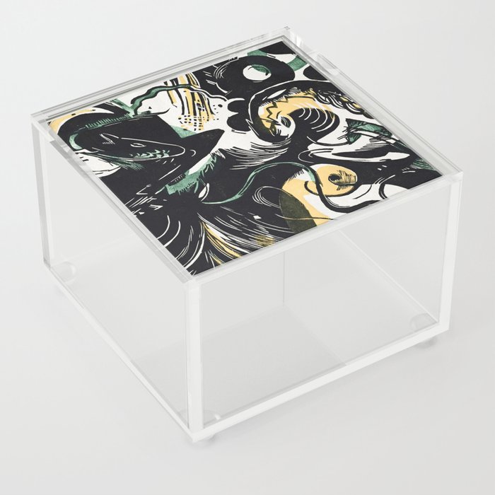 Black and White Abstract Woodcut Ink Print Acrylic Box