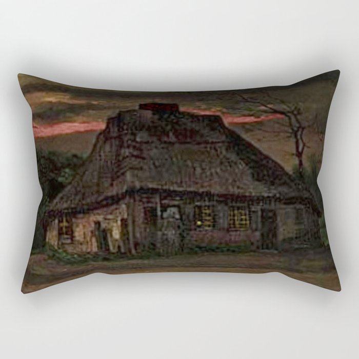 Cottage at Nightfall (with Pink Sunset) by Vincent van Gogh Rectangular Pillow