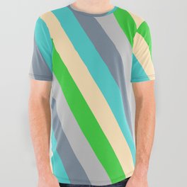 [ Thumbnail: Eyecatching Grey, Light Slate Gray, Turquoise, Beige & Lime Green Colored Stripes/Lines Pattern All Over Graphic Tee ]