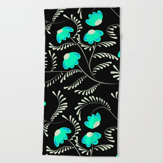 Retro . Turquoise flowers on a black background . Beach Towel