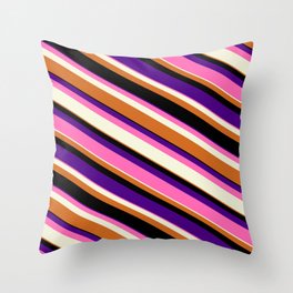 [ Thumbnail: Colorful Indigo, Hot Pink, Beige, Chocolate & Black Colored Lined Pattern Throw Pillow ]