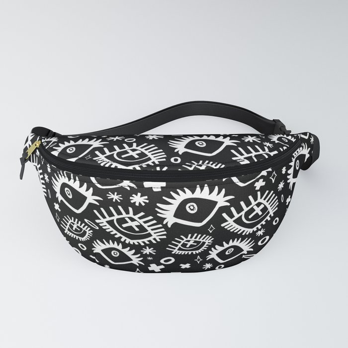 Black and White Trippy Doodle Eye Pattern Fanny Pack
