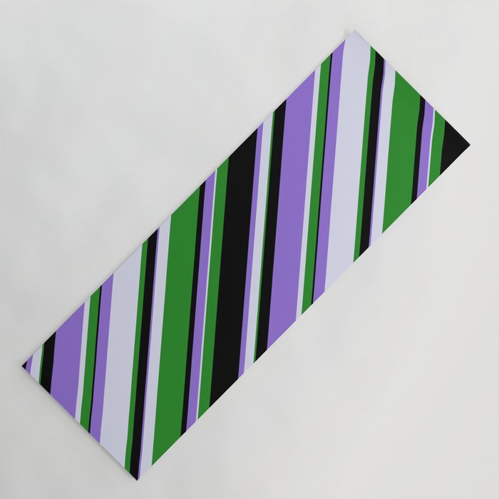 Purple, Lavender, Forest Green & Black Colored Stripes Pattern Yoga Mat