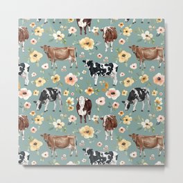 Cows and Flowers on Country Blue, Yellow Flowers, Cow Floral, Pink Flowers Metal Print | Cowillustration, Holstein, Cows, Dairyfarm, Blackandwhitecow, Painting, Browncow, Cowswithflowers, Country, Cateandrainn 