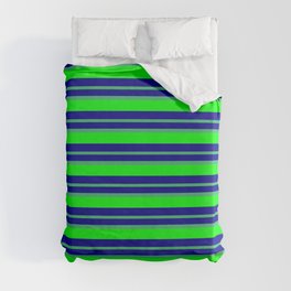 [ Thumbnail: Dark Blue, Sea Green & Lime Colored Lined/Striped Pattern Duvet Cover ]