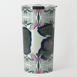 Clownfish swimming on a green and pink patterned background Travel Mug