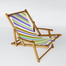 [ Thumbnail: Eye-catching Dark Goldenrod, Green, Beige, Medium Slate Blue, and Mint Cream Colored Stripes Pattern Sling Chair ]