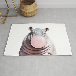 Baby Hippo Blowing Bubble Gum, Pink Nursery, Baby Animals Art Print by Synplus Area & Throw Rug