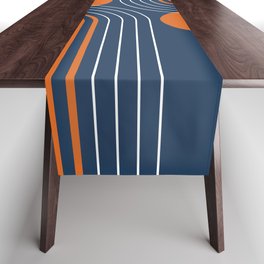 Mid Century Modern Geometric 111 in Navy Blue and Vintage Orange (Rainbow and Sun Abstraction) Table Runner