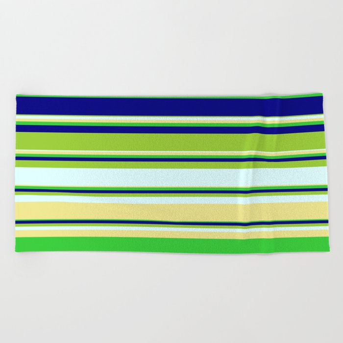 Vibrant Green, Light Cyan, Tan, Lime Green & Blue Colored Stripes/Lines Pattern Beach Towel