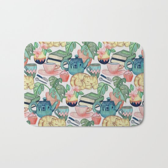 Lazy Afternoon - a chalk pastel illustration pattern Bath Mat