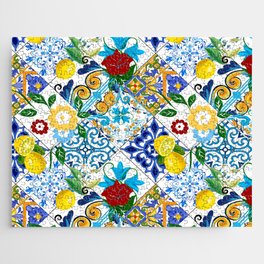 Tiles,mosaic,azulejo,quilt,Portuguese,majolica,lemons,citrus. Jigsaw Puzzle