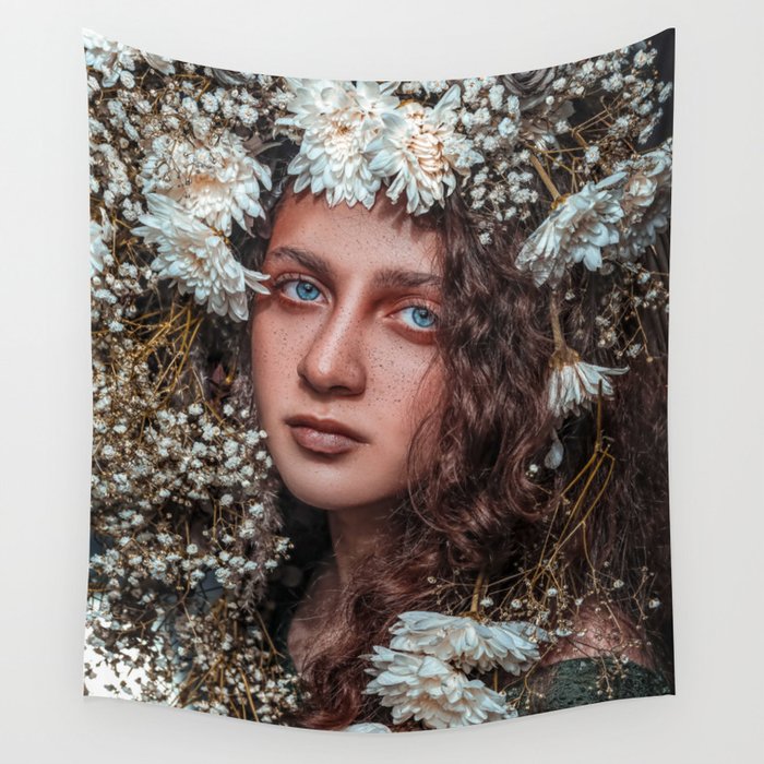 Floral forest female portrait with white blossoms color magical realism photograph / photography Wall Tapestry