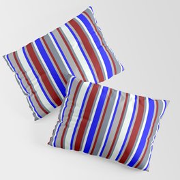 [ Thumbnail: Eyecatching Slate Gray, Mint Cream, Blue, Dark Grey, and Dark Red Colored Lined Pattern Pillow Sham ]