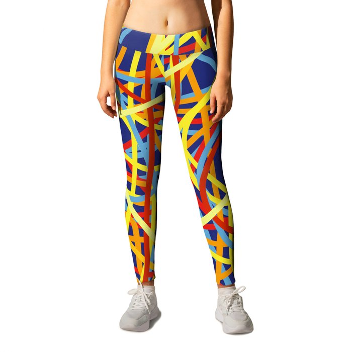 Blue Red Orange Yellow Colored Lines - Classic Abstract Minimal Retro Summer Style Stripes Leggings