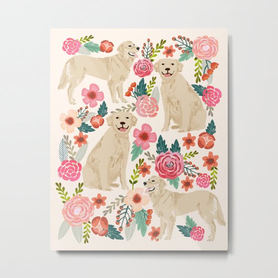 Golden retrievers must have florals cream pastel gender neutral dog art cute pet portraits labrador Metal Print