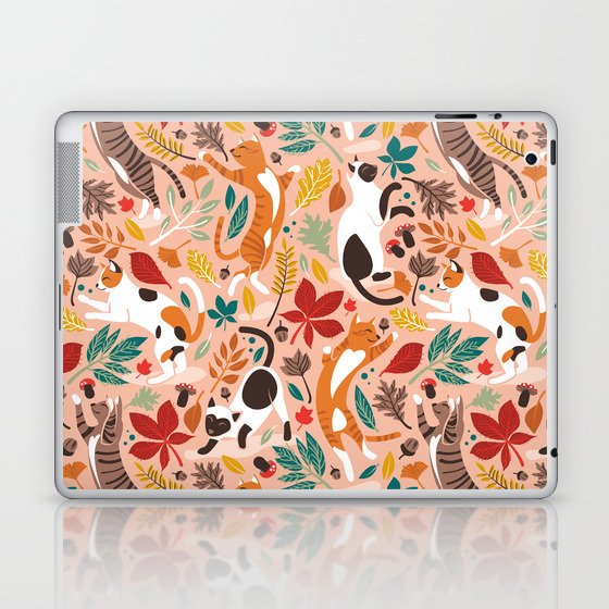 Autumn joy // flesh coral background cats dancing with many leaves in fall colors Laptop & iPad Skin