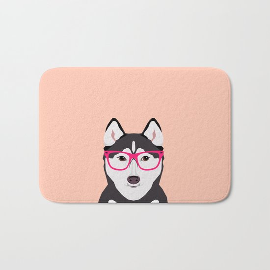 Kamri - Siberian Husky with Pink Hipster Glasses, Cute Retro Dog, Dog, Husky with Glasses, Funny Dog Bath Mat