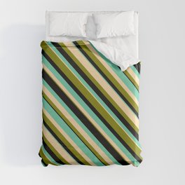 [ Thumbnail: Aquamarine, Tan, Green, and Black Colored Striped Pattern Duvet Cover ]