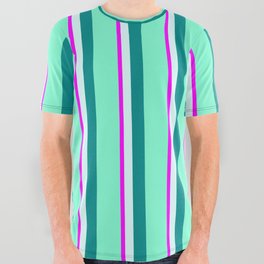 [ Thumbnail: Fuchsia, Light Cyan, Dark Cyan, and Aquamarine Colored Pattern of Stripes All Over Graphic Tee ]
