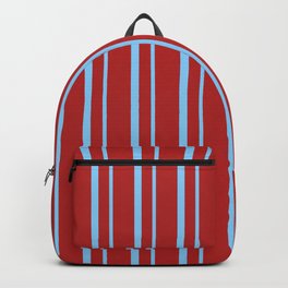 [ Thumbnail: Red & Light Sky Blue Colored Striped/Lined Pattern Backpack ]