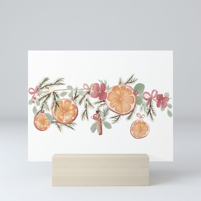 Boho winter Christmas Dried `Citrus Oranges watercolor and cinnamon  Mini Art Print