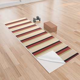 [ Thumbnail: Brown, Dark Khaki, Bisque, and Black Colored Lined/Striped Pattern Yoga Towel ]