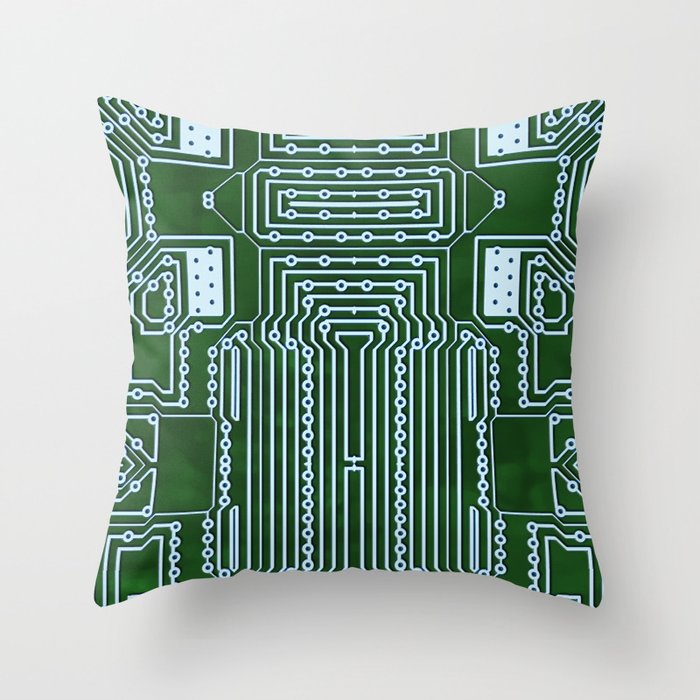 Green Geek Motherboard Circuit Pattern Throw Pillow