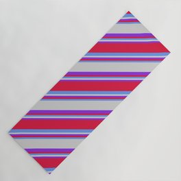 [ Thumbnail: Purple, Crimson, Cornflower Blue, and Light Grey Colored Lined/Striped Pattern Yoga Mat ]