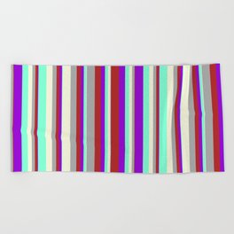 [ Thumbnail: Dark Violet, Red, Dark Grey, Beige & Aquamarine Colored Striped Pattern Beach Towel ]