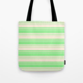 [ Thumbnail: Light Green and Beige Colored Stripes/Lines Pattern Tote Bag ]