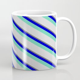 [ Thumbnail: Dim Grey, Blue, Aquamarine & Light Grey Colored Lined/Striped Pattern Coffee Mug ]
