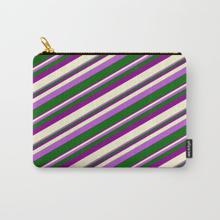 Orchid, Dark Green, Purple, and Light Yellow Colored Stripes Pattern Carry-All Pouch