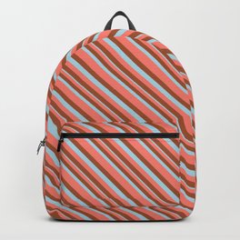 [ Thumbnail: Salmon, Sienna & Light Blue Colored Striped/Lined Pattern Backpack ]