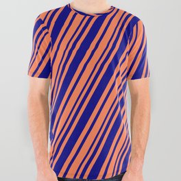 [ Thumbnail: Coral and Blue Colored Striped Pattern All Over Graphic Tee ]