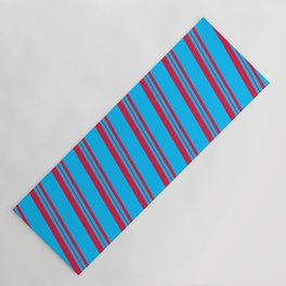 [ Thumbnail: Deep Sky Blue and Crimson Colored Lines/Stripes Pattern Yoga Mat ]