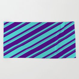 [ Thumbnail: Indigo & Turquoise Colored Striped/Lined Pattern Beach Towel ]