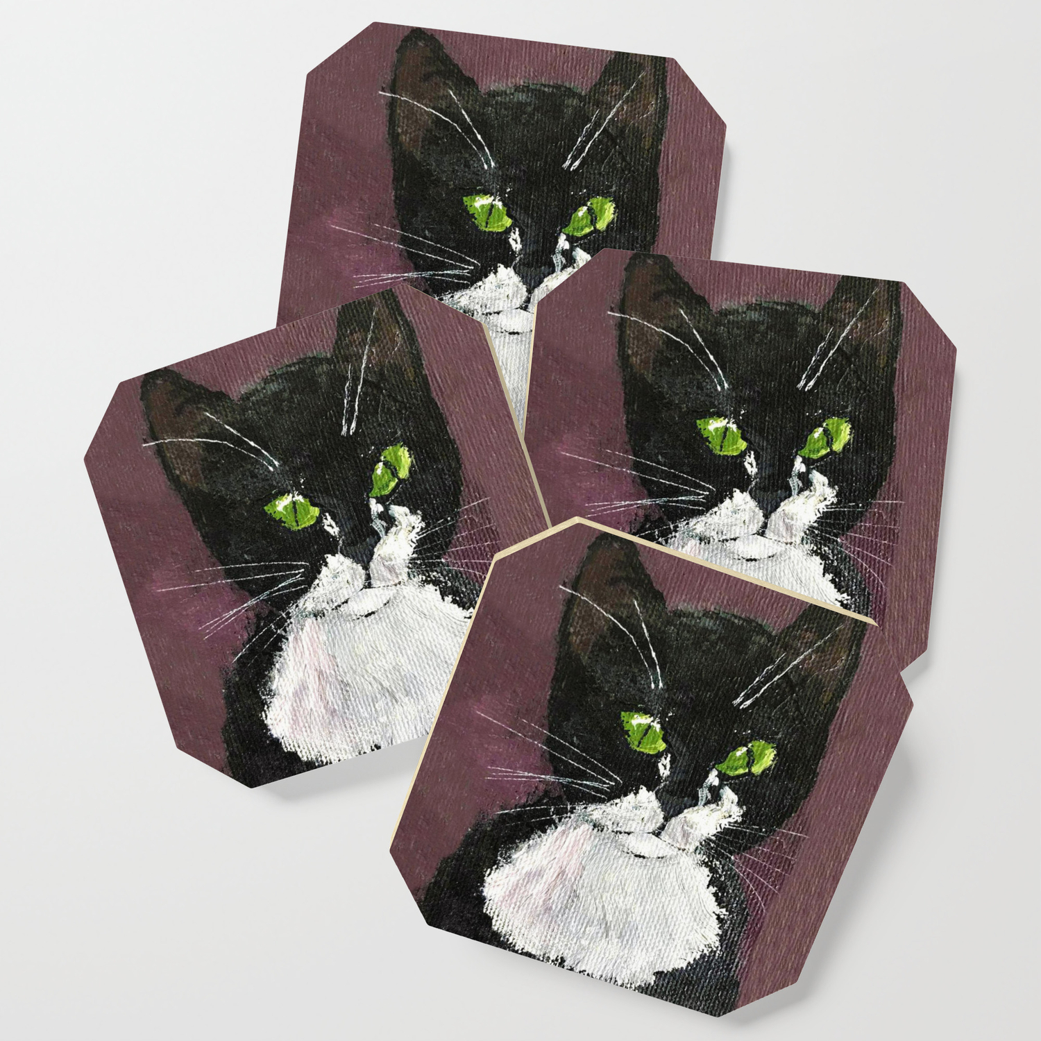Cat Drawing Cute Black And White Cat With Green Eyes Coaster By