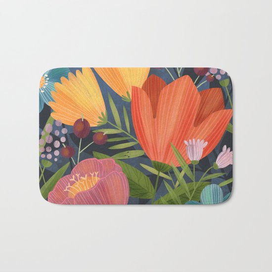 Flowers on Blue Bath Mat