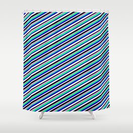 [ Thumbnail: Colorful Plum, Green, Blue, White & Black Colored Striped Pattern Shower Curtain ]