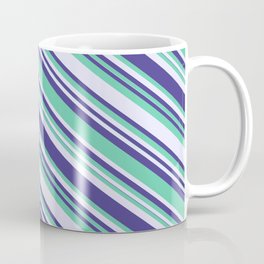 [ Thumbnail: Aquamarine, Lavender & Dark Slate Blue Colored Lined/Striped Pattern Coffee Mug ]