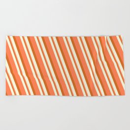 [ Thumbnail: Beige, Coral & Chocolate Colored Stripes Pattern Beach Towel ]