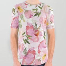 Scandi Pink Hand Drawn Watercolor Spring Flowers  All Over Graphic Tee