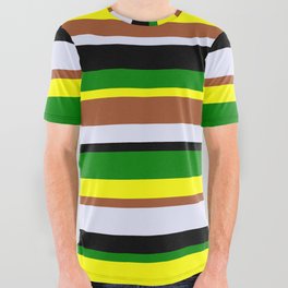 [ Thumbnail: Eye-catching Yellow, Sienna, Lavender, Black & Green Colored Striped Pattern All Over Graphic Tee ]