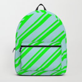 [ Thumbnail: Powder Blue and Lime Colored Stripes/Lines Pattern Backpack ]