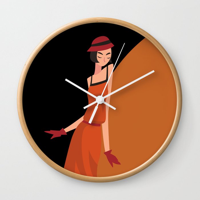Art Deco 1920s Flapper Fashion Dancer Girl in Burnt Orange and Black Wall Clock
