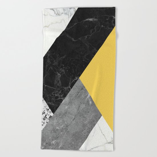 Black and white marbles and pantone primrose yellow color Beach Towel