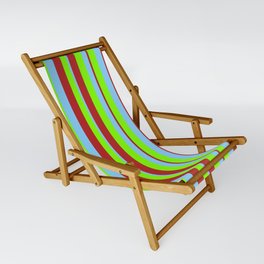 [ Thumbnail: Red, Light Sky Blue, and Chartreuse Colored Lined/Striped Pattern Sling Chair ]